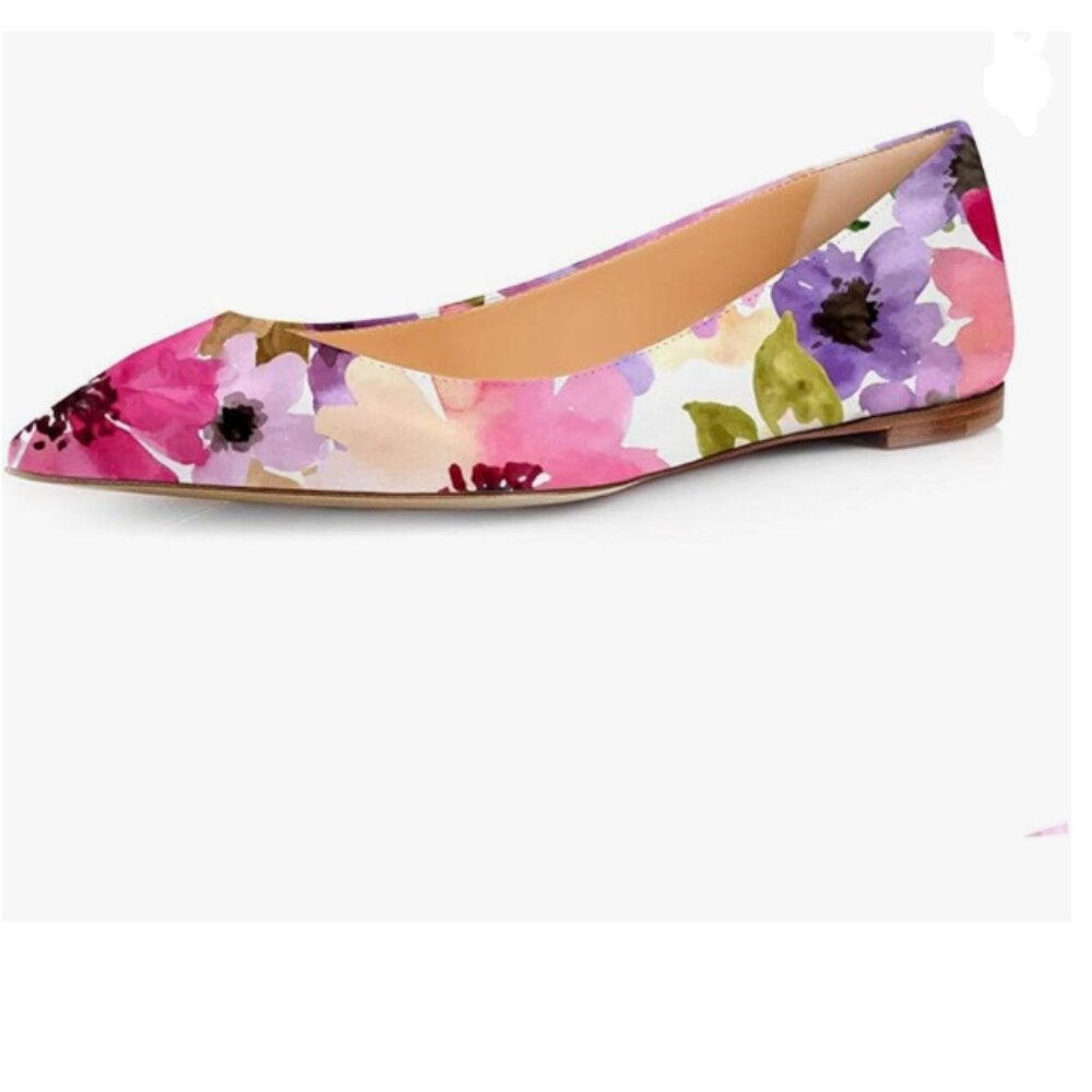 FSJ Women Fresh Floral Printed Flat Pumps Pointed Toe Slip On Party Dress Shoe